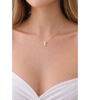 14K Altın Renginde T Harf Minimal Model Çelik Kadın Kolye