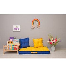 %100 Organik Yatak, Fransız Tarzı El Yapımı Bebek ve Çocuk Yatağı, Dekoratif Minder / Çift Renk Sarı-Lacivert 60x120x15 cm