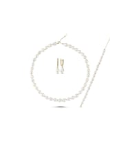 Sıralı Damla Doğal İnci Kolye Bileklik Küpe Üçlü Set (Sarı)