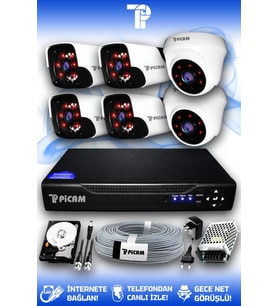 PICAM 6 Kameralı Panda 2 İç Kamera Set 250 GB HDD Full HD Gece Görüşlü Güvenlik Kamerası Sistemi