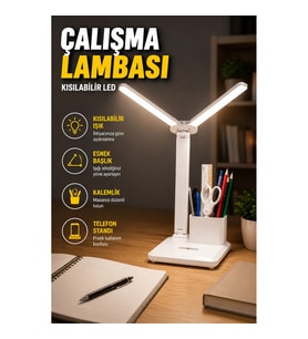 Kısılabilir LED Çalışma Lambası – Esnek Başlıklı, Kalemlik ve Telefon Standlı