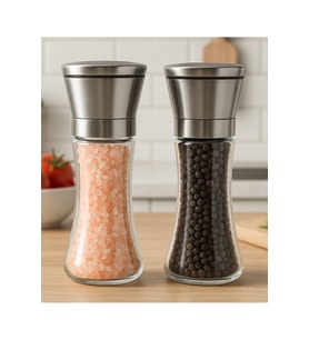 Paslanmaz Çelik Kapaklı Cam Tuz ve Karabiber Öğütücü, 19 cm, 2'li set