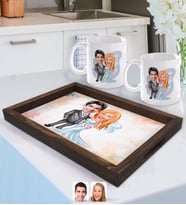 BK Gift Kişiye Özel Evleniyoruz Karikatürlü Doğal Ahşap Tepsi ve 2’li Kupa Bardak Seti-5