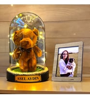 Kişiye Özel Fotoğraflı ve İsimli Hediye Seti, Renkli Peluş ve Led Işıklı Fanus HA3 (Kahverengi)