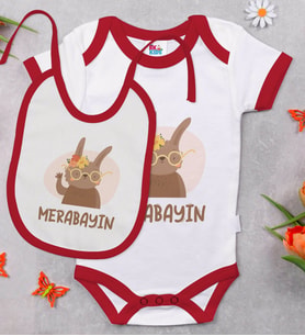 BK Kids Merabayın Tasarımlı Kırmızı Bebek Body Zıbın ve Mama Önlüğü Hediye Seti-1