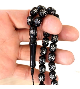  Koleksiyonluk Erzurum Oltu Taşı Tesbih Gümüş Kar Tanesi İşlemeli Usta İşçilikli Tesbih 8x10 mm
