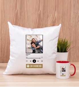Kişiye Özel Spotify Tasarım Fotoğraflı Kare Yastık ve Kırmızı Kupa