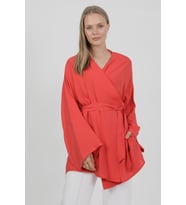 Doğal Viskon Kumaş Cepli Kemerli Kadın Kimono 1168 – Yakasız, Hafif, Dökümlü, Yazlık Model (Kırmızı)