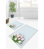Açık Mavi Çiçekli Banyo Halısı Klozet 2'li Paspas Seti BS010