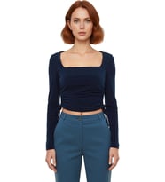 Kadın Fitted Kare Yaka Büzgülü Uzun Kollu Crop Esnek Örme Bluz Kaliteli Şık Rahat Modern Zarif