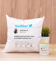 Kişiye Özel Twitter Tasarım Fotoğraflı Kare Yastık ve Sarı Kupa
