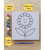 Sevimli Çiçek Baskılı Tuval Boyama Aktivite Seti 19x19 Cm (Tuval, Fırça ve 6 Renk Akrilik Boya Seti)