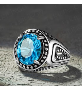 925 Ayar Gümüş Akuamarine Taşlı Damla Model Sade Erkek Yüzük