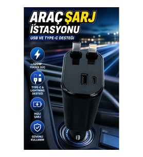 120W Hızlı Şarj Destekli Araç Çakmaklık Şarj Cihazı Type-C ve Lightning Kablolu Çoklu Şarj İstasyonu