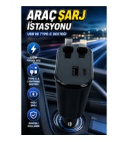 120W Hızlı Şarj Destekli Araç Çakmaklık Şarj Cihazı Type-C ve Lightning Kablolu Çoklu Şarj İstasyonu