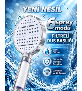 Büyük Panelli 6 Farklı Su Modlu Filtreli Duş Başlığı Beyaz Tasarım