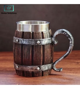 Ahşap Fıçı Görünümlü 380 ml İçi Çelik Kupa Bardak - Viking ve Orta Çağ Temalı Rustik Kupa