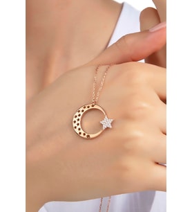 Kadın Orjinal 925 Ayar Gümüş Zirkon Taşlı Ay Yıldız Model Kolye (Rose)