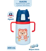 400 ML 316L Paslanmaz Çelik Pipetli Çocuk Termosu Taşıma Kulplu Askılı Çift Duvar -FFR400ML4011