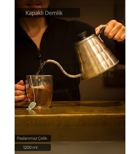 Kapaklı Demlik Paslanmaz Kahve Demliği İndüksiyon Uyumlu Çelik Büyük Boy Demlik İnox 1200 ml