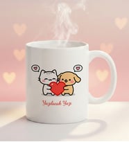 Kişiye Özel Mesaj Baskılı Romantik Kedi ve Köpek Tasarımlı Seramik Kupa Bardak - HR2003