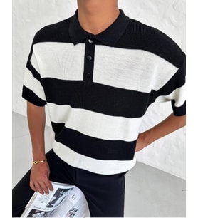Erkek Siyah Çizgili Düğmeli Polo Yaka Oversize Triko T-shirt