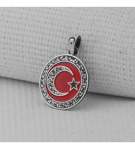 Gravur İşlemeliOrta Boy Ay Yıldız 925 Ayar Gümüş Erkek Kolye Ucu