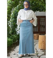 2252-Denim Püsküllü  Etek Açık Mavi