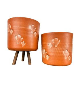 Bitki Tasarımı Ev Dekorasyon Aksesuar Kaktüs Desenli Toprak Saksı Saksılık Salon Çiçeklik İkili Set Ayaksız - 3 Ayaklı- 19 CM