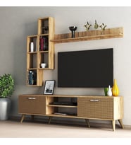 Mega 180 lik Kitaplıklı Raflı Tv Ünitesi Çam Hazeran Kapaklı - TVU0304 (Sarı)