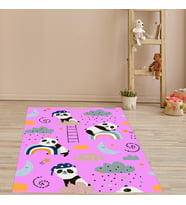 Panda Gökkuşağı Bulut Desenli Dijital Baskı Yıkanabilir Kaymaz Taban Leke Tutmaz Çocuk Odası Halısı (Pembe)