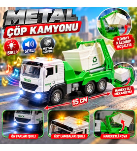 Metal Işıklı Sesli Çöp Kamyonu 15 cm Hareketli Kovalı Oyuncak Kamyon