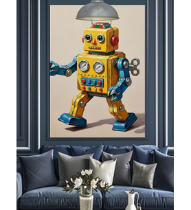 Sarı Robot Komik Mekanik Dekoratif Kanvas - Mdf Ahşap Tablo