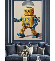 Sarı Robot Komik Mekanik Dekoratif Kanvas - Mdf Ahşap Tablo