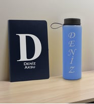 BK Gift Kişiye Özel İsimli Lacivert Defter ve Mavi Cam Matara Hediye Seti-5, Sevgiliye Hediye, Arkadaşa Hediye, Yeni İş Hediyesi