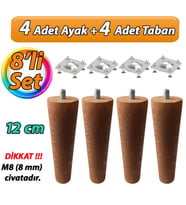 Ahşap Ayak 12 Cm 8'li Set Koyu Meşe M8 Civatalı Bağlantı Aparatlı Dolap Mobilya Koltuk Kanepe Destek Ayağı Ayakları