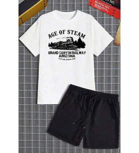 Unisex Age Of Steam Baskılı Şort Takım (Beyaz)
