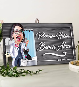 BK Gift Kişiye Özel Veteriner Karikatürlü Gri Dekoratif Ahşap Tabela-2