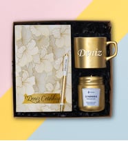 Kişiye Özel Gold Fincan, Defter, Kalem - Kokulu cam Mum Hediye Seti