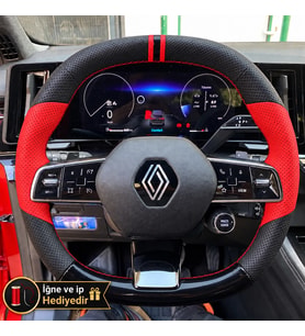 Renault Megane E-Tech Dikme Direksiyon Kılıfı Parlak Siyah Kırmızı Detaylı Kırmızı Çift Yüzük ve Dikiş 2022-2026