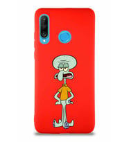 Huawei P30 Lite Soft Premier Kapak Squidward Dokunaç Tasarımlı Silikon Kılıf - Kırmızı (Şeffaf)