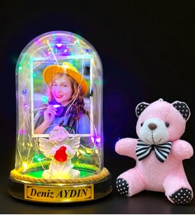Sizlere Özel Renkli Led Işıklı Biblolu Fanus ve Pembe Peluş Ayıcıklı Anahtarlık (Model 4)