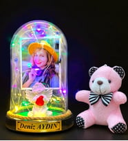 Sizlere Özel Renkli Led Işıklı Biblolu Fanus ve Pembe Peluş Ayıcıklı Anahtarlık (Model 4)