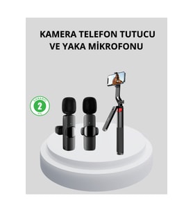 Kablosuz Çift Yaka Mikrofonu ve Tripodlu Selfie Çubuğu Seti