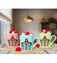 Power Puff Girls Arkadaş Tasarımlı Pembe-Yeşil-Sarı Ahşap Tabaklı Kişiye Özel Türk Kahvesi Fincanı Seti