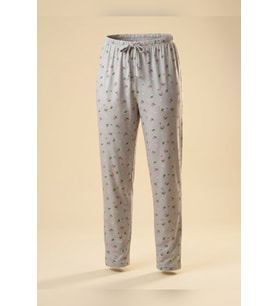 Büyük Beden Tek Alt Pijama Yumuşak Milan Kumaş İpli Bel Gri Gül Çiçekli Loungewear Pantolon