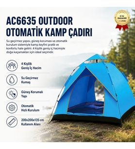 AC6635 Outdoor Otomatik Kamp Çadırı 200x200x135 cm Su Geçirmez Güneş Korumalı Kolay Kurulum 4 Kişilik