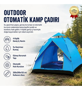 Outdoor Otomatik Kamp Çadırı 200x200x135 cm Su Geçirmez Güneş Korumalı Kolay Kurulum 4 Kişilik