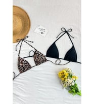 Kadın Leopar Desenli ve Siyah Minimal Kesim Üçgen Bikini Üstü (Çok Renkli)