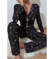 Merry See Baskılı Özel Kumaş Pijama Takımı (Siyah)
